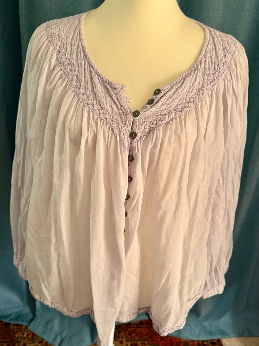 We The Free (Free People) Lavender Smocked Yoke Button Front Airy Cotton Tunic